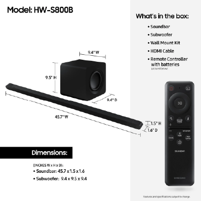Samsung HW-S800B/ZA 3.1.2ch Ultra-Slim Soundbar w/ Wireless Dolby Atmos and DTS:X Black
